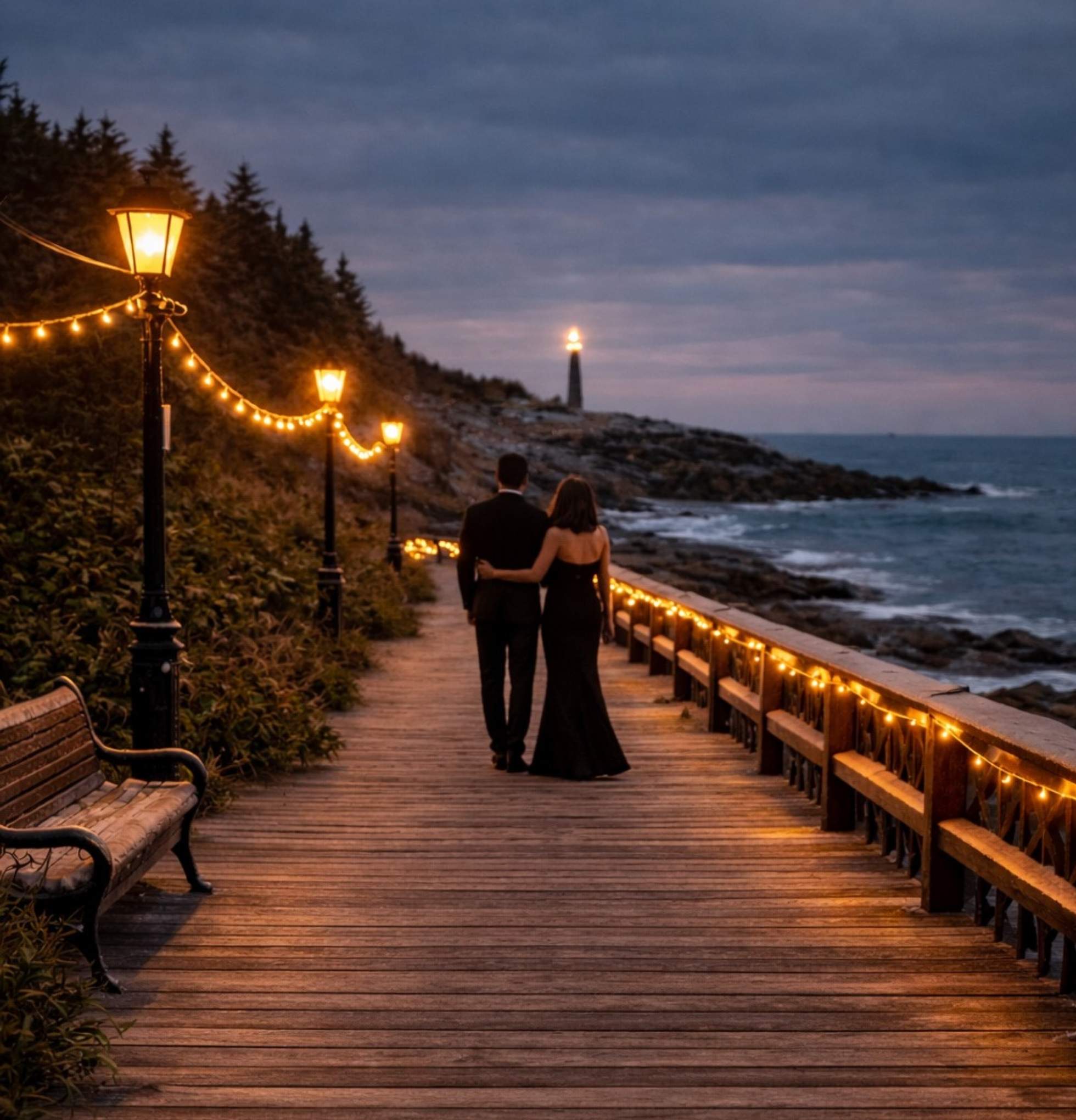 Couple walking along a boardwalk by the ocean at dusk with lights illuminating the scene.