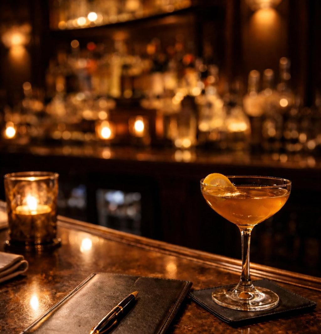 Cocktail in a glass with a lemon twist on a bar counter with candles and a notebook.