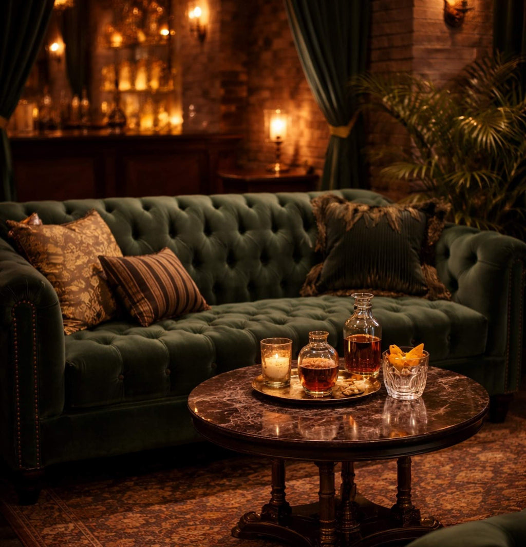Green velvet sofa with decorative pillows in a dimly lit room with a coffee table holding drinks.