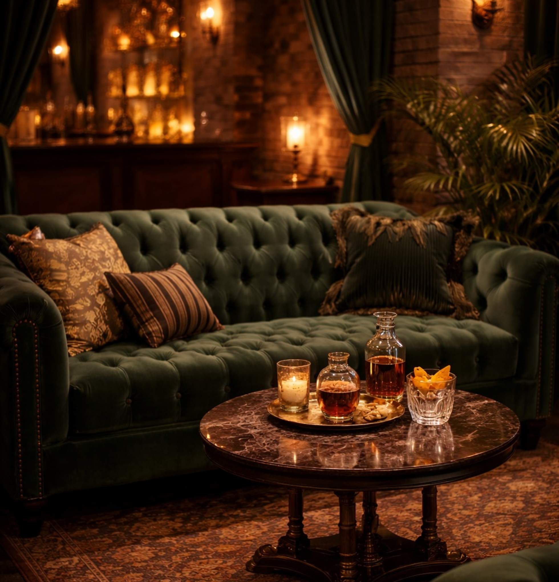 Green velvet sofa with decorative pillows in a dimly lit room with a coffee table holding drinks.
