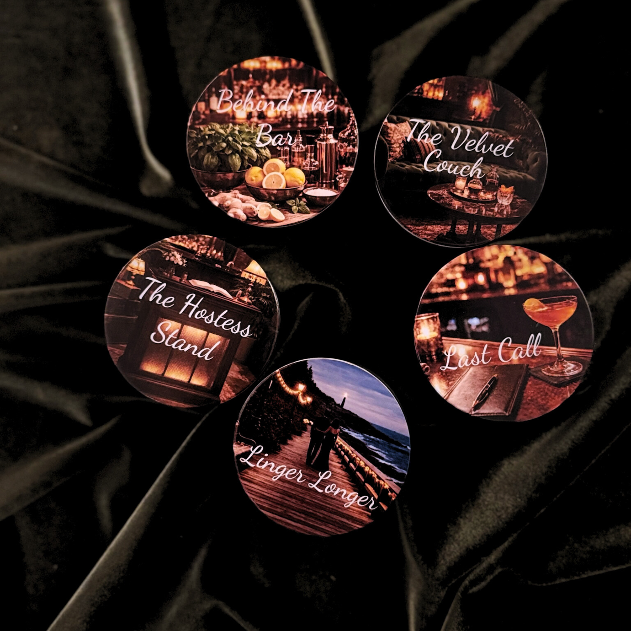Set of round coasters with various themed images and text on a dark background