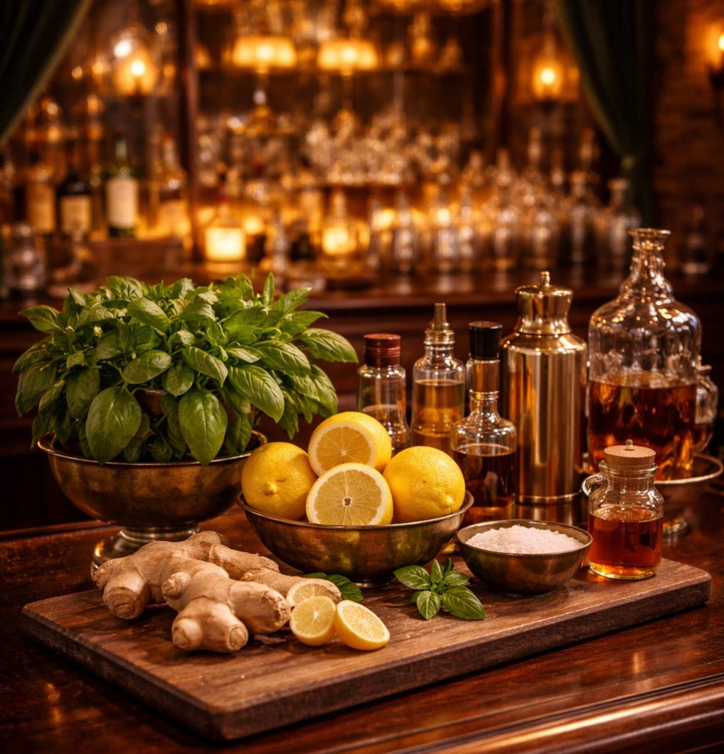 Bowl of lemons, ginger, and mint leaves on a wooden tray with bottles in the background.