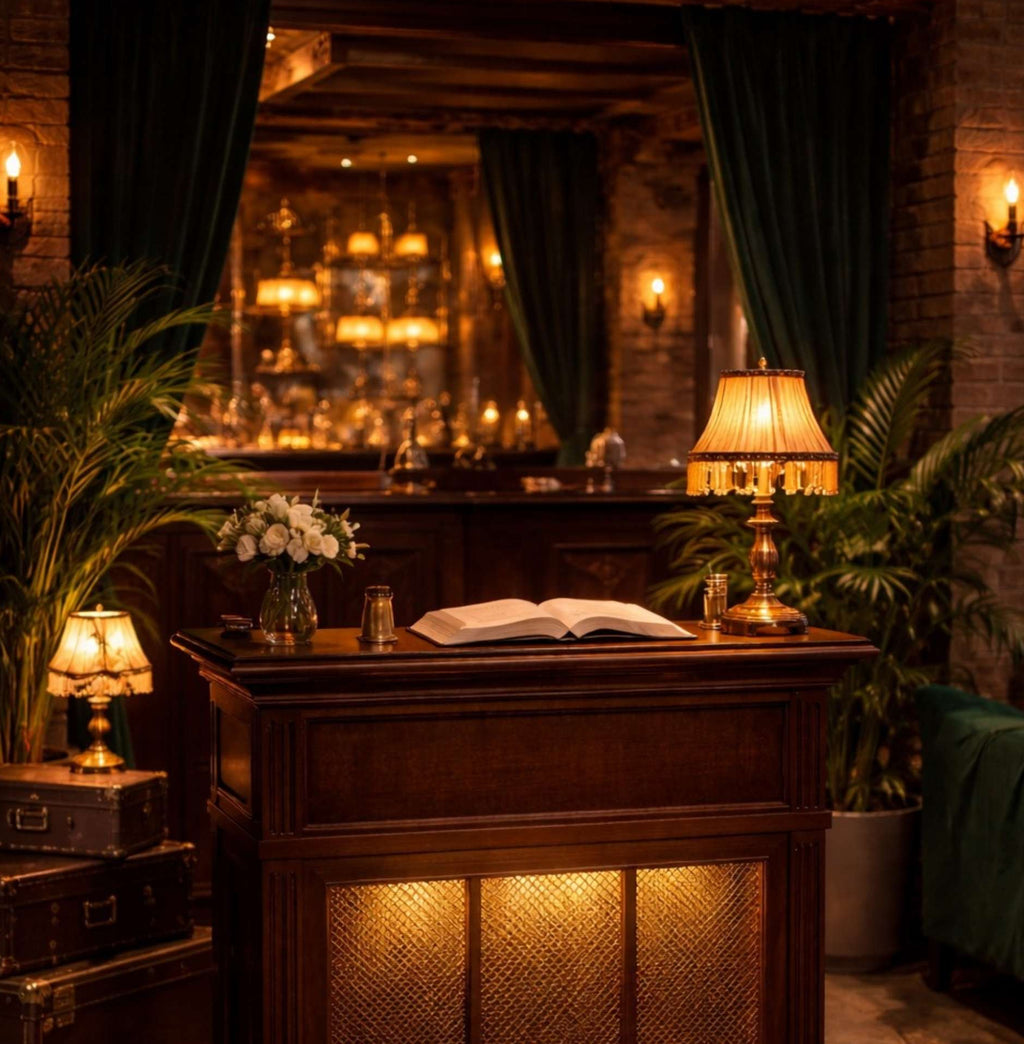 Decorative interior setting with a wooden desk, books, and lamps in a warm, cozy room.